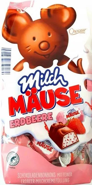 Шоколадні цукерки Choceur Milch Mause Eerdbeere Молочні Мишки з фундуком з Чорного шоколаду та Полуницею 210г