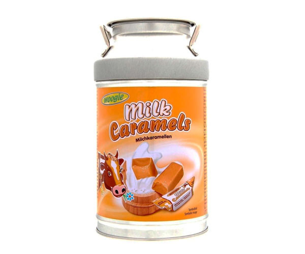 Цукерки Корівки Woogie Milk Milchcaramellen Caramels Вугі молочна Карамель у металевій скарбничці Бідончику 250г
