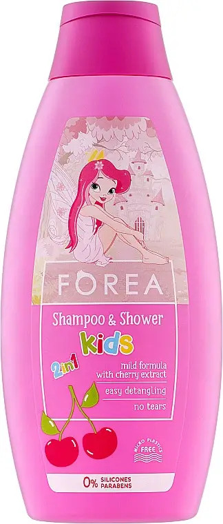 Дитячий шампунь-гель для душу фруктовий Forea Kids 2in1 Shower&Shampoo Фореа екстракт Вишні Легке Розчісування Без Сліз 500мл
