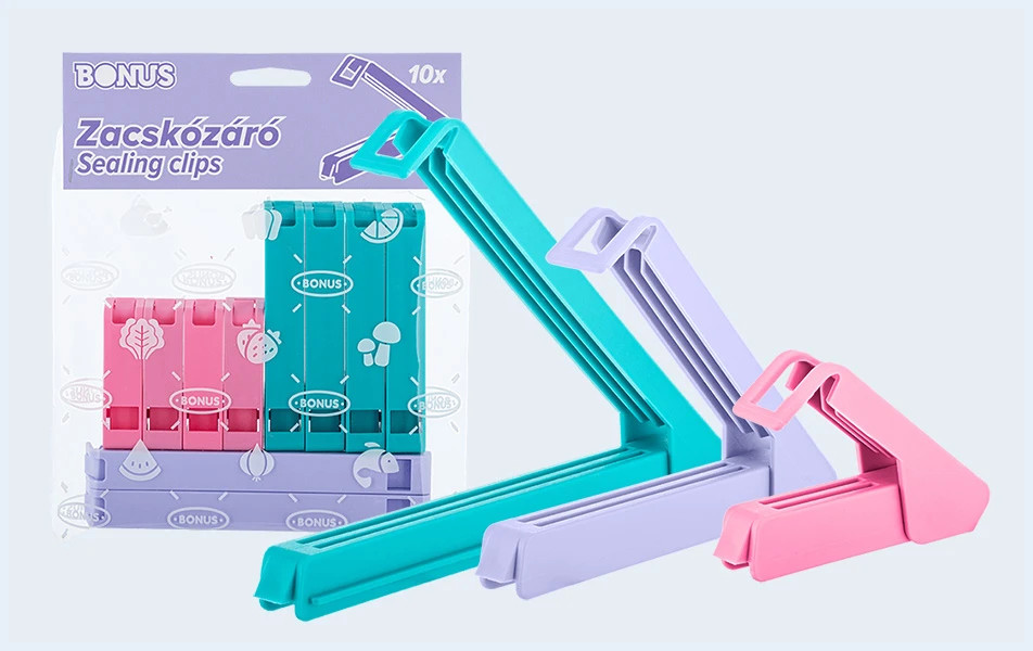 Кліпси Затискачі побутові для Пакетів та Продуктів Bonus Sealing Clips Zacskozaro Бонус прищіпки Пластик Різна Довжина Набір 10шт
