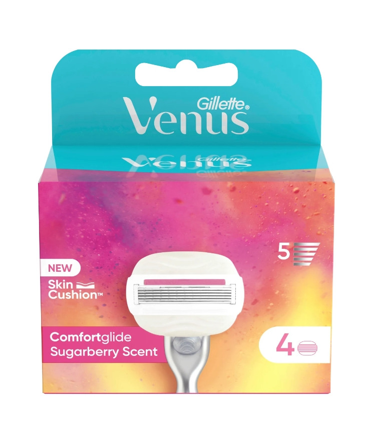 Касети Леза змінні Бритви Жіночі Gillette Venus Comfortglide Sugarberry Scent Skin cushion Картріджі гель Цукрова ягода 5лез 4шт