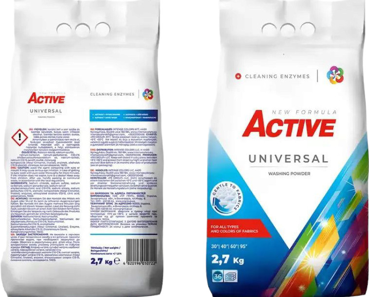 Порошок для прання Універсальний Active Universal New formula Washing Powder Cleaning enzymes Актів з Ензимами 36прань 2700г