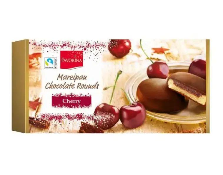Марципан у шоколаді Favorina Marzipan Сhocolate Rounds Cherry Фаворіна Шоколадні Кружечка з смаком Черешні Коробка 10шт 300г