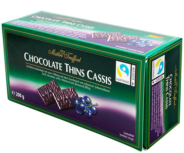 Шоколадні пластинки з Чорною смородиною Maitre Truffout Chocolate Thins Cassis Майстер Труфо Коробка 200г
