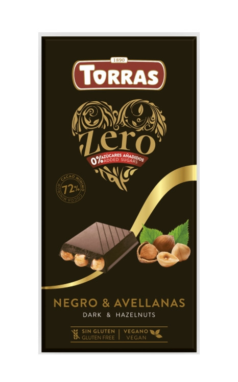 Шоколад Чорний без Глютену Torras Zero Dark&Hazelnut Chocolate 72% Cacao Торас Зеро Чорний з Фундуком Плитка 150г