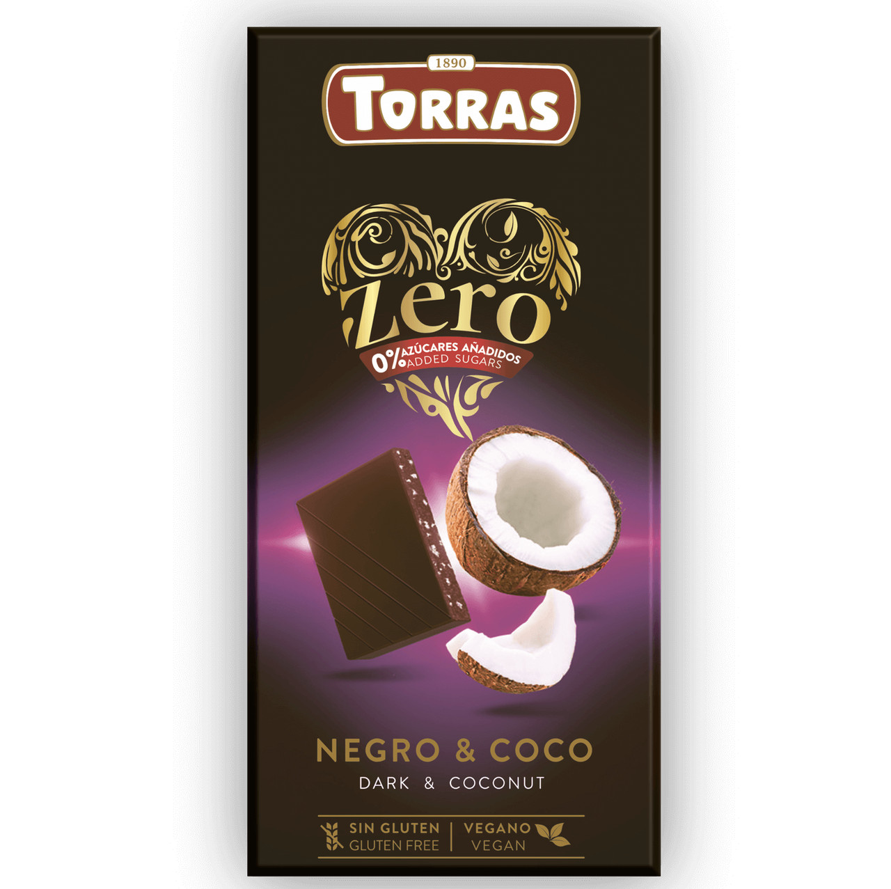 Шоколад Чорний без Глютену Torras Zero Dark&Coconut Chocolate 0% Торас Зеро Чорний з Кокосовою стружкою Плитка 100г