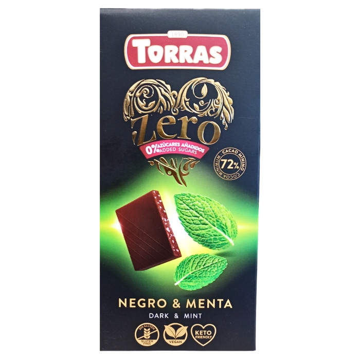 Шоколад Чорний без Глютену Torras Zero Dark&Mint Chocolate 72% Cacao Торас Зеро Чорний з Мятою 100г