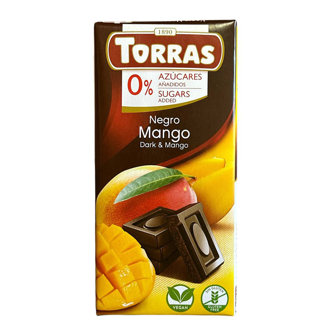 Шоколад Чорний без Глютену Torras Negro Dark&Mango Chocolate 0%Sugar Торас Чорний з Манго Плитка 75г