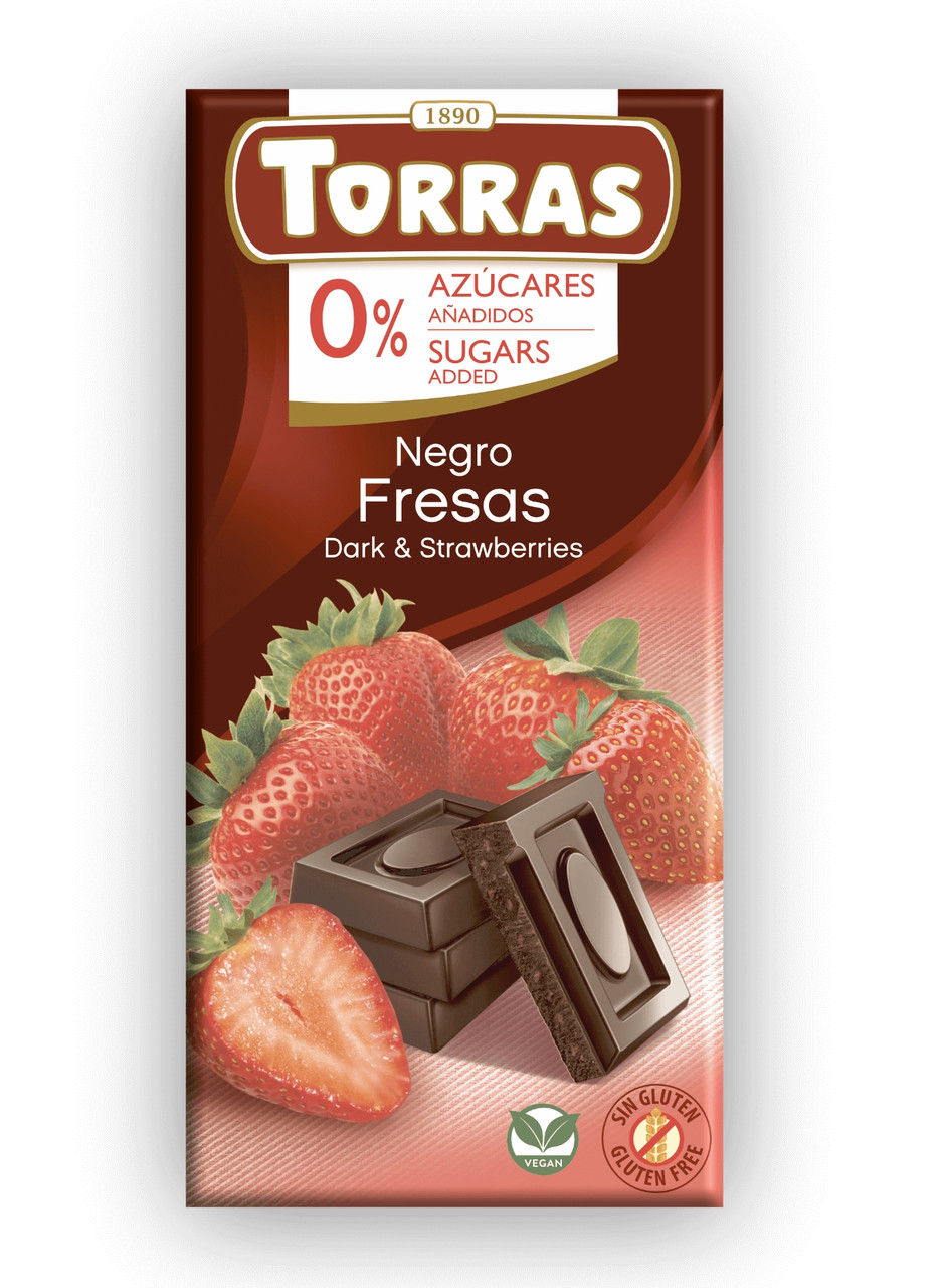 Шоколад Чорний без Глютену Torras Negro Dark&Strawberry Fresas Chocolate 0%Sugar Торас Чорний з Полуницею Плитка 75г