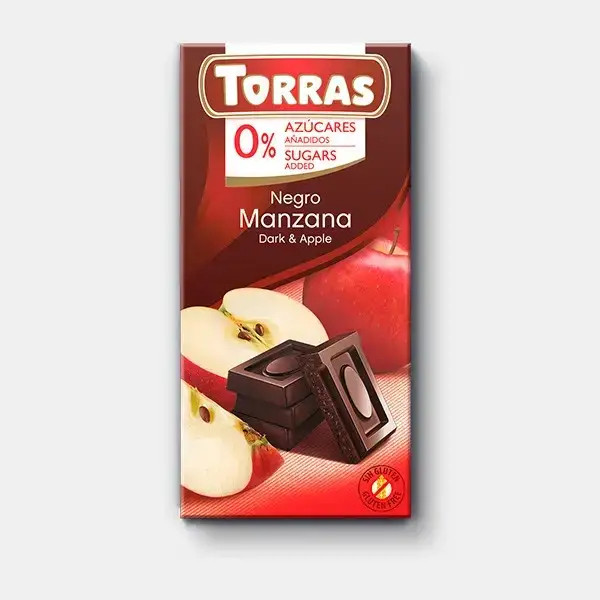 Шоколад Чорний без Глютену Torras Negro Dark&Apple Manzana Chocolate 0%Sugar Торас Чорний з Яблуком Плитка 75г