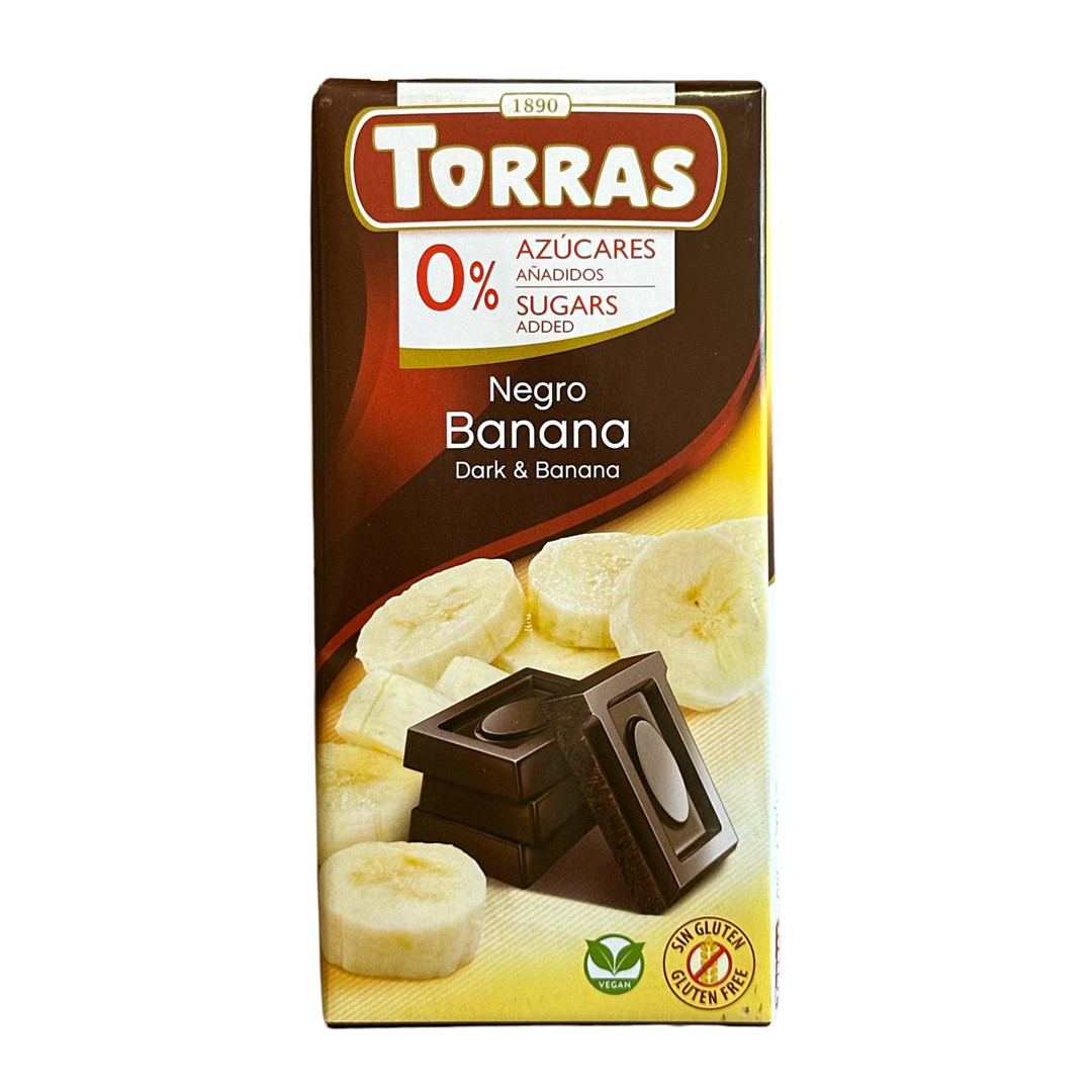 Шоколад Чорний без Глютену Torras Negro Dark&Banana Banana Chocolate 0%Sugar Торас Чорний з Бананом Плитка 75г