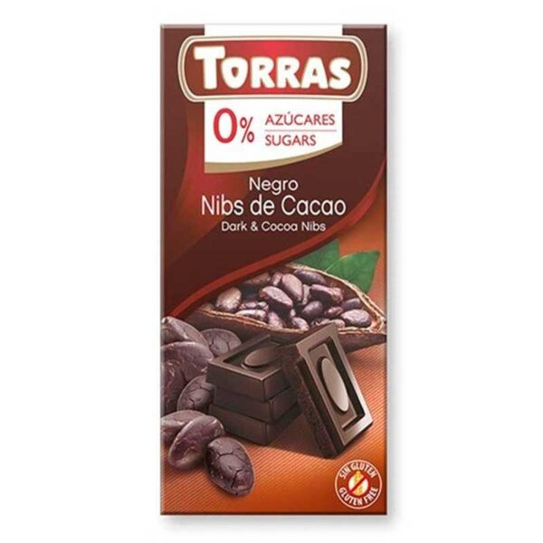 Шоколад Чорний без Глютену Torras Negro Dark&Cocoa Nibs Nibs de Cacao Chocolate 0%Sugar Торас Чорний з какао-бобами Плитка 75г