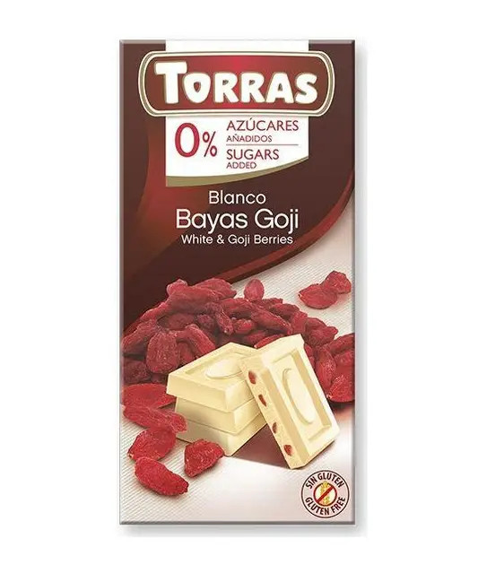 Шоколад Білий без Глютену Torras Blanco Bayas&Goji Berries Chocolate 0%Sugar Торас з ягодами Годжі Плитка 75г