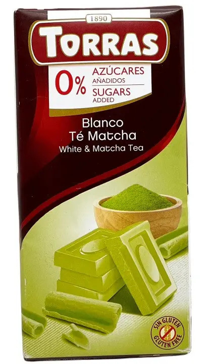 Шоколад Білий без Глютену Torras Blanco White&Te Matcha Tea Chocolate 0%Sugar Торас з Чаем Матча Плитка 75г