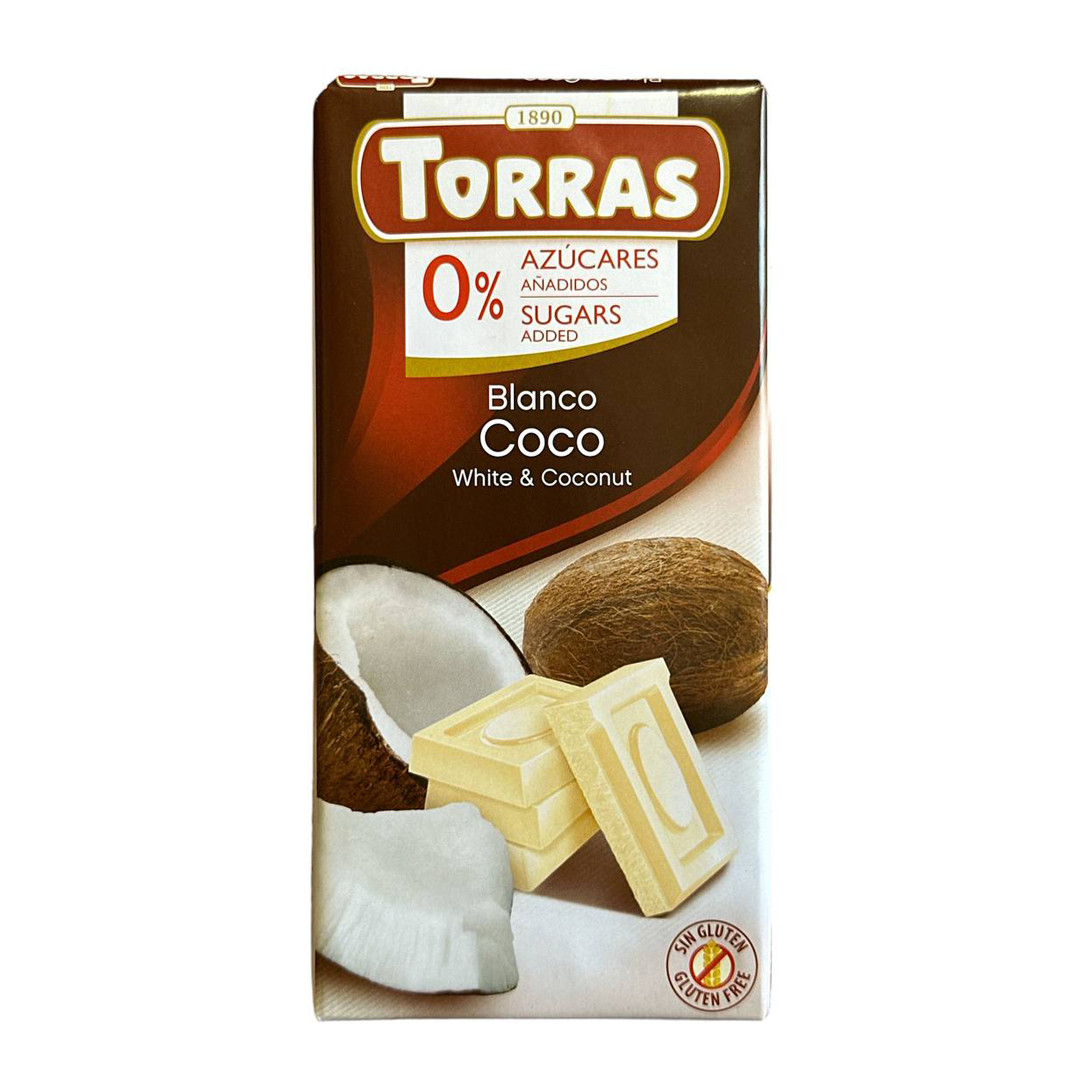 Шоколад Білий без Глютену Torras Blanco White&Coco Coconut Chocolate 0%Sugar Торас з Кокосом Плитка 75г