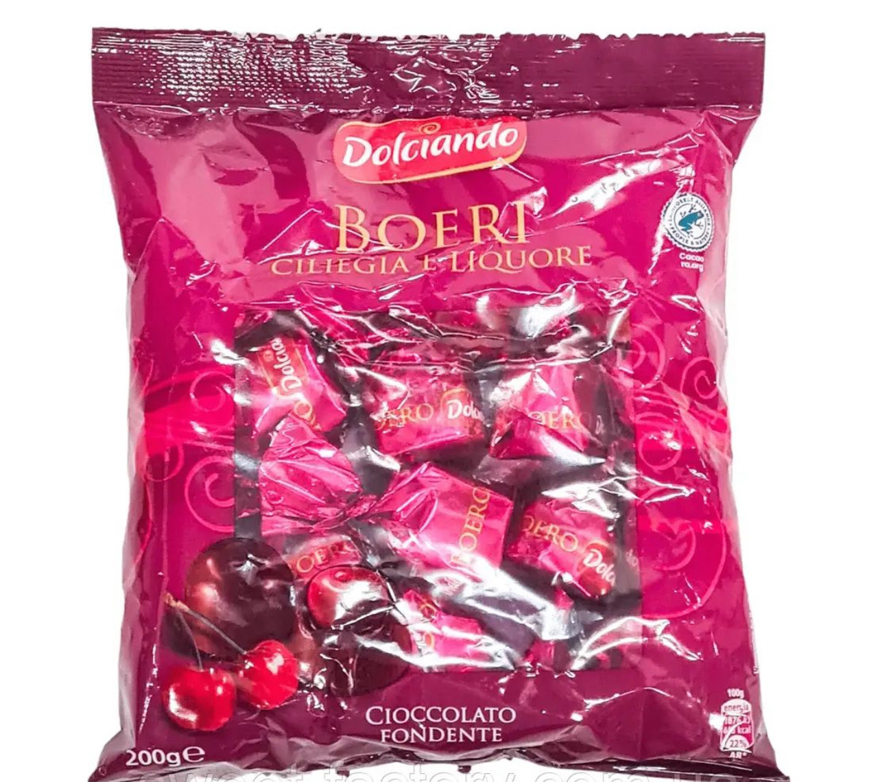 Шоколадні цукерки Вишня в Чорному шоколаді з лікером Dolciando Boeri Ciliegia Liquore Cioccolato Fondente Дольчіандо Пакет 200г