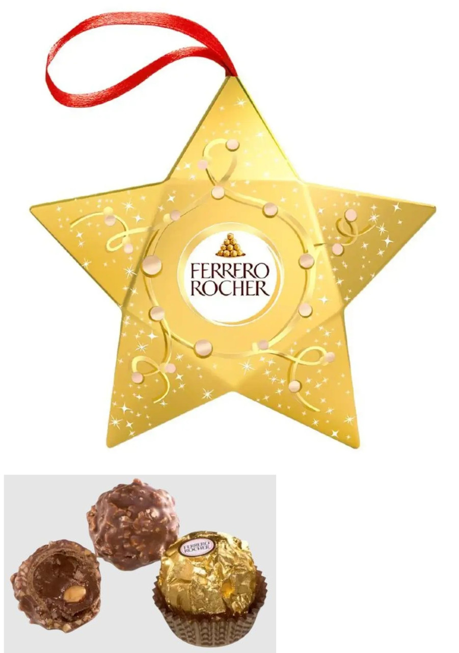 Ялинкова прикраса Шоколадні цукерки міні Зірка Ferrero Rocher mini Golden Star Фереро роше з підвіскою 3шт 37г