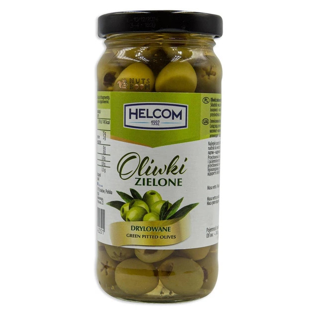 Оливки Зелені без кісточок Helcom Oliwki Zielone Drylowane Green pitted Olives Хелком Мариновані склобанка 240г