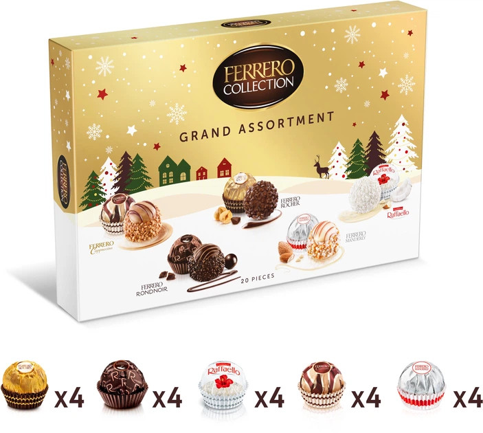 Набір шоколадних Цукерок Подарунок Ferrero Rocher Collection Grand Assortment Фереро Роше Гранд Колекція 5видів 20шт Коробка 197г