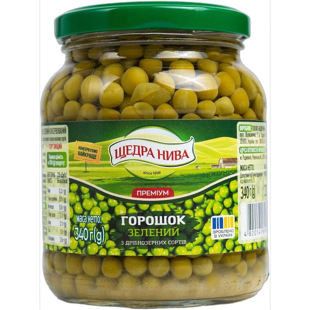 Горошок Зелений консервований Щедра Нива Преміум з дрібнозернових сортів в соці Банка 340г
