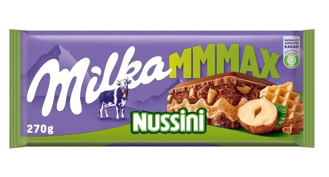 Шоколад молочний плитка Milka MMMAX Nussini Wafles Мілка Нуссіні з цільними Лісовими горіхами і вафлями 270г