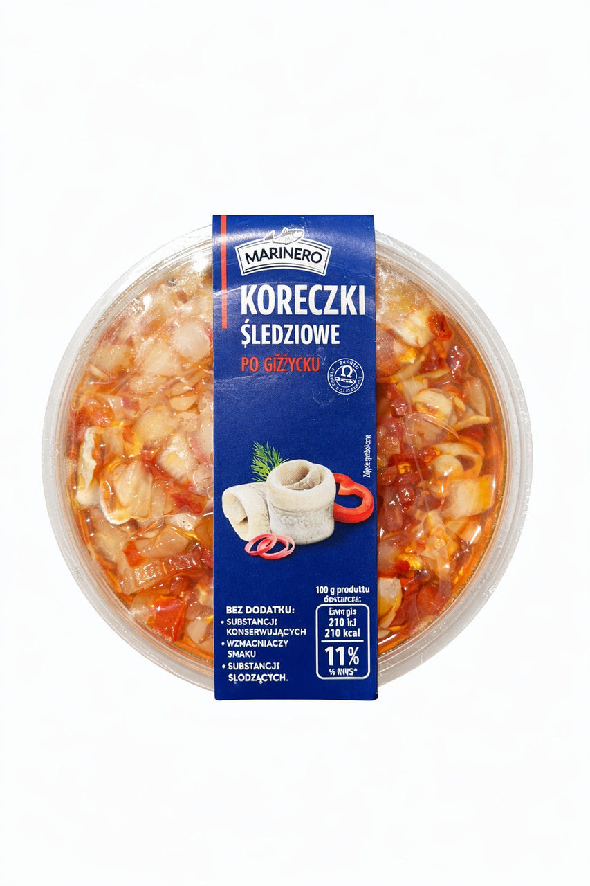 Роли Оселедця Філе в Олії Marinero Koreczki Sledziowe po Gizycku Марінеро по-гіжицьки з паприкою та Цибулею Контейнер 250г